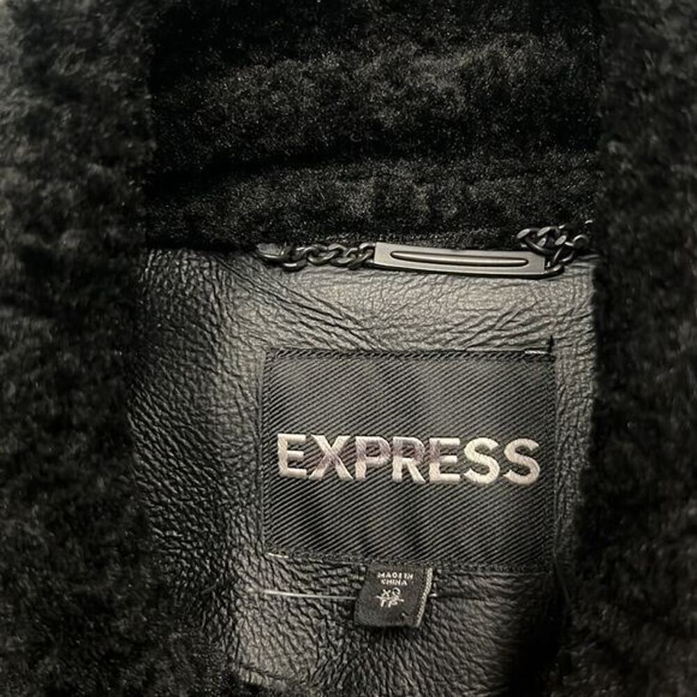 NEW Express black faux fur shearling Moto coat Sz XS Faux Leather Zipper chic - Picture 6 of 7